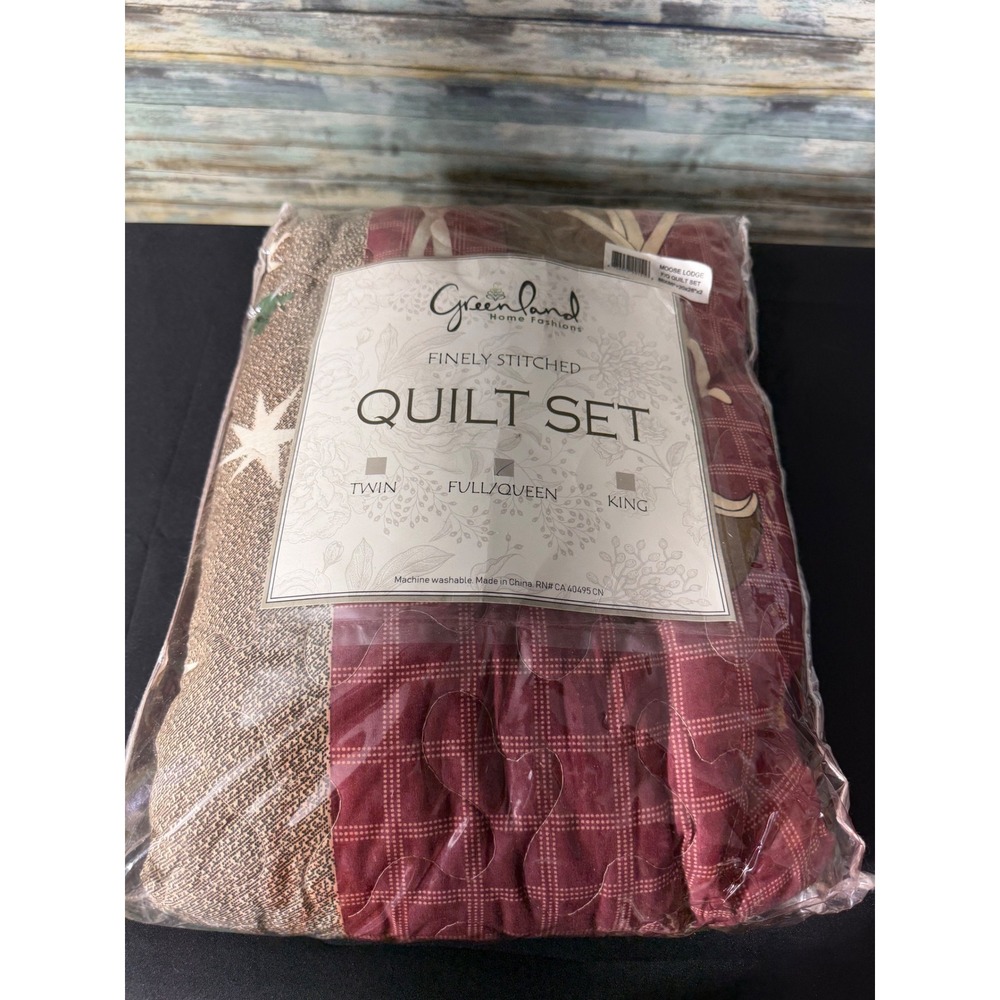 Greenland Home Fashions Moose Lodge Quilt Set Full/Queen Red Tan Rustic Cabin